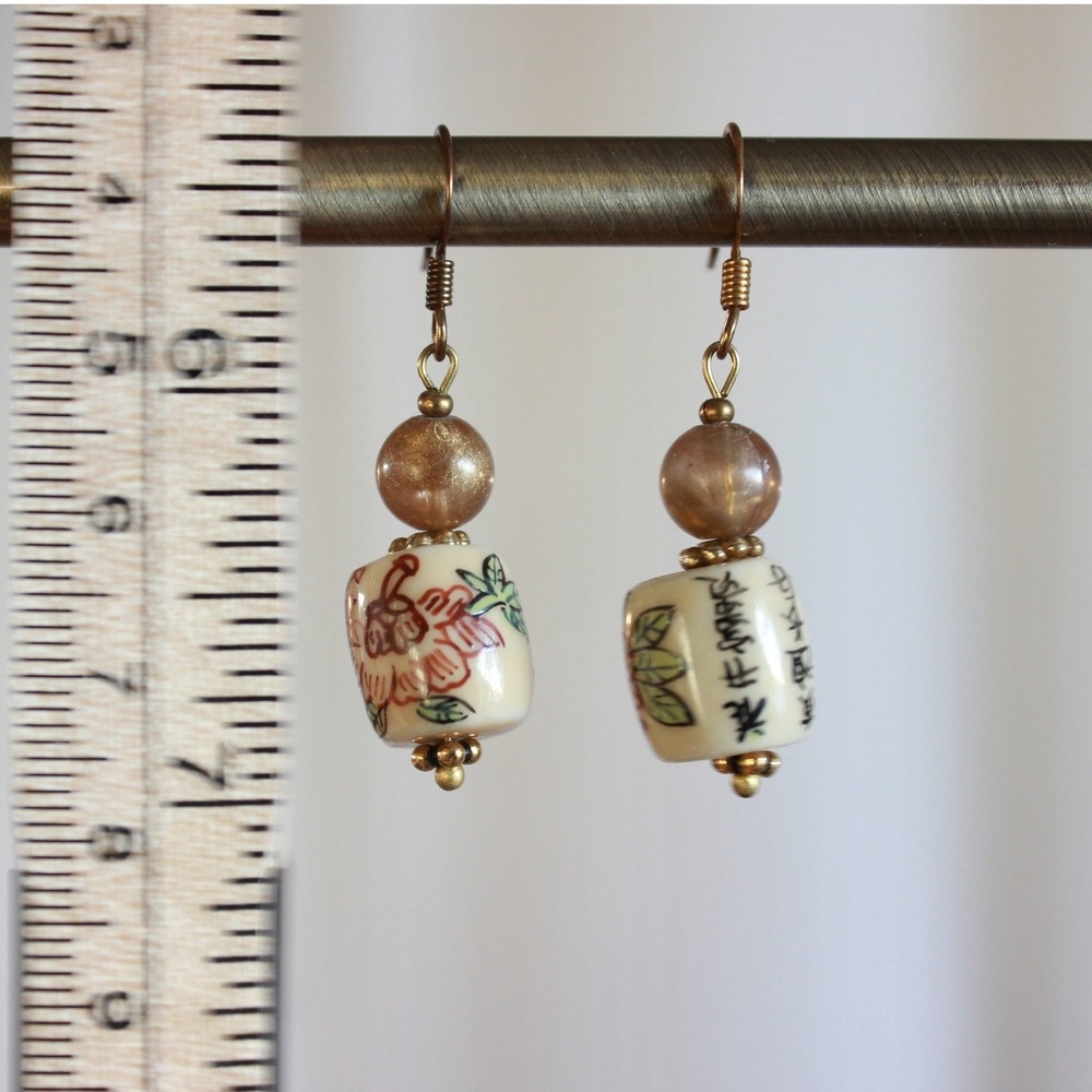 Hand Painted Ceramic Floral Calligraphy Dangle Earrings Antique Brass Tone J10 - Picture 2 of 3